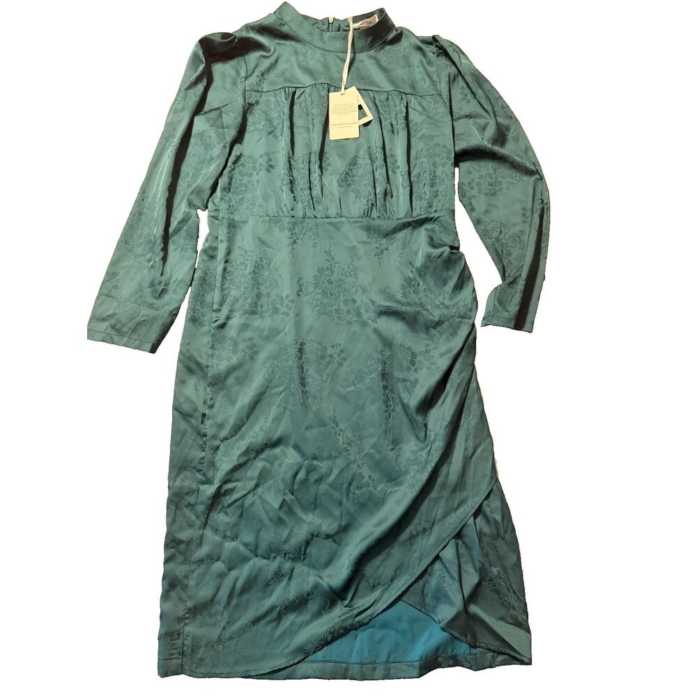 Jasambac Floral Jacquard Satin Wrap Hem Dress Size 10 Dark Green Cocktail NWT
